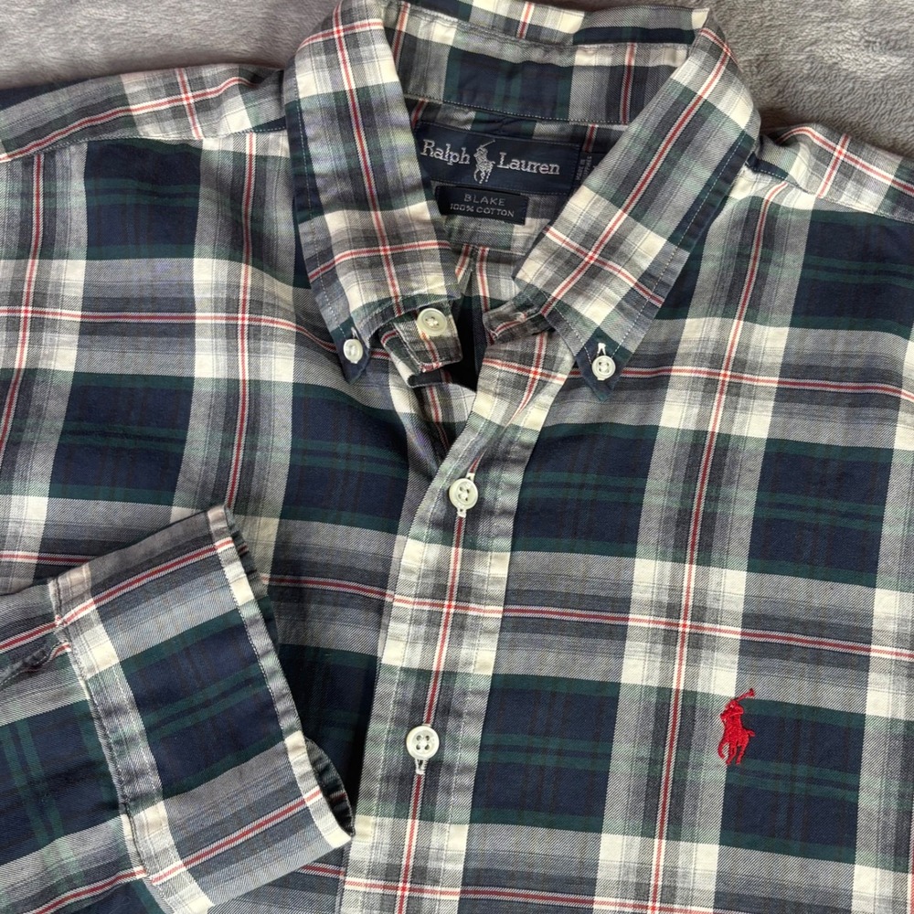 Ralph Lauren Button Down Shirt Mens L Navy Blue Plaid Blake Cotton Long Sleeve